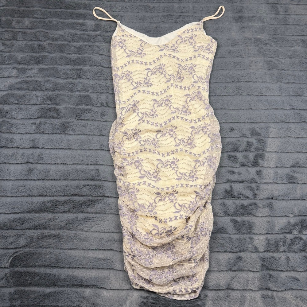 Peach Love California Lace Ruched Bodycon Dress Purple Cream Large KD73617-01